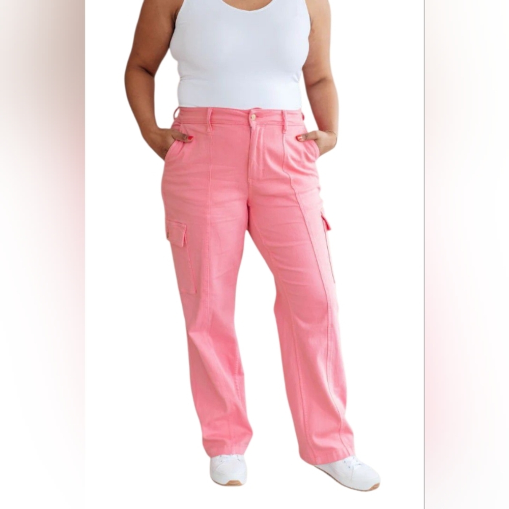 Womens Judy Blue Pretty In Pink High Rise Cargo Straight Leg Jeans Size 16W
